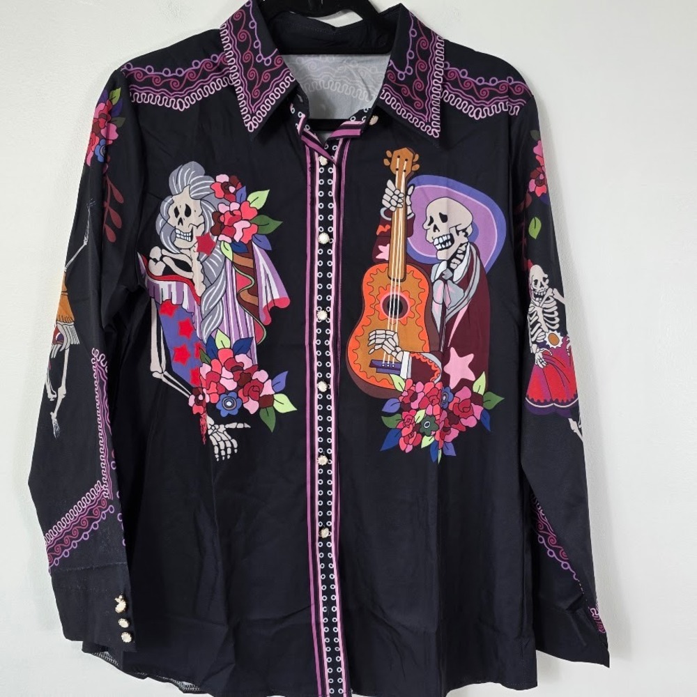 Womens Day of the Dead Skeleton Guitar Print Button Up Shirt Long Sleeve‎ Black - Picture 2 of 7